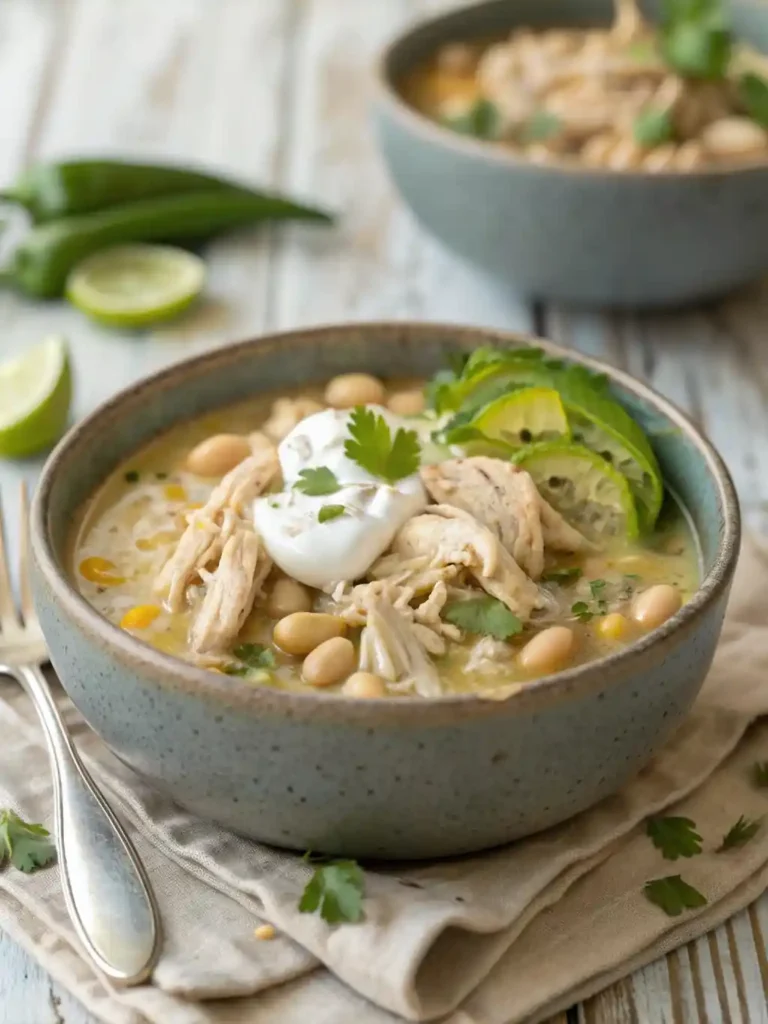 "A steaming bowl of creamy white chicken chili, garnished with fresh cilantro, a dollop of sour cream, and sliced jalapeños, served on a light wooden surface with a silver spoon."