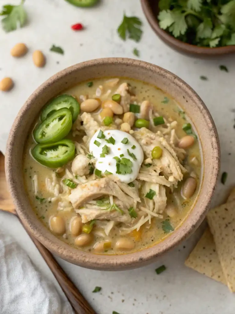 Close-up of a creamy white chicken chili in a rustic ceramic bowl, garnished with a swirl of sour cream, fresh cilantro, and a lime wedge, served on a warm wooden table. Tender chicken pieces, Great Northern beans, cannellini beans, and diced poblano peppers are visible within the rich broth.
