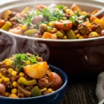 A mouth-watering, hyper-realistic image of a hearty Crockpot Cowboy Casserole, served in a rustic indigo stoneware bowl and garnished with fresh green parsley. The casserole is a rich mixture of ground beef, quartered red potatoes, yellow corn, and diced green bell peppers in a savory tomato sauce, beautifully presented on a warm, distressed wooden table.