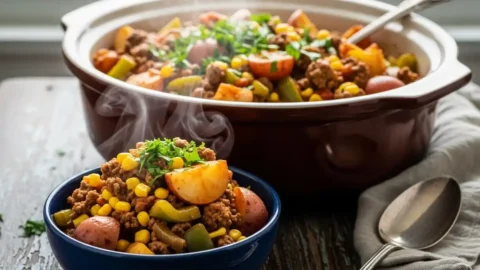 A mouth-watering, hyper-realistic image of a hearty Crockpot Cowboy Casserole, served in a rustic indigo stoneware bowl and garnished with fresh green parsley. The casserole is a rich mixture of ground beef, quartered red potatoes, yellow corn, and diced green bell peppers in a savory tomato sauce, beautifully presented on a warm, distressed wooden table.