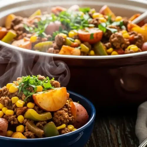A mouth-watering, hyper-realistic image of a hearty Crockpot Cowboy Casserole, served in a rustic indigo stoneware bowl and garnished with fresh green parsley. The casserole is a rich mixture of ground beef, quartered red potatoes, yellow corn, and diced green bell peppers in a savory tomato sauce, beautifully presented on a warm, distressed wooden table.