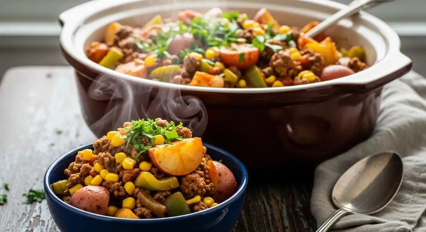 A mouth-watering, hyper-realistic image of a hearty Crockpot Cowboy Casserole, served in a rustic indigo stoneware bowl and garnished with fresh green parsley. The casserole is a rich mixture of ground beef, quartered red potatoes, yellow corn, and diced green bell peppers in a savory tomato sauce, beautifully presented on a warm, distressed wooden table.