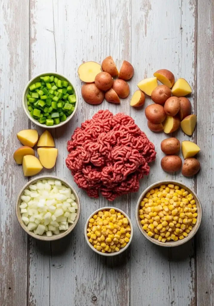 Overhead flat lay of fresh ingredients for Crockpot Cowboy Casserole, including raw ground beef, chopped yellow onion, diced green bell pepper, quartered red potatoes, and frozen sweet corn, artfully arranged on a rustic wooden background.