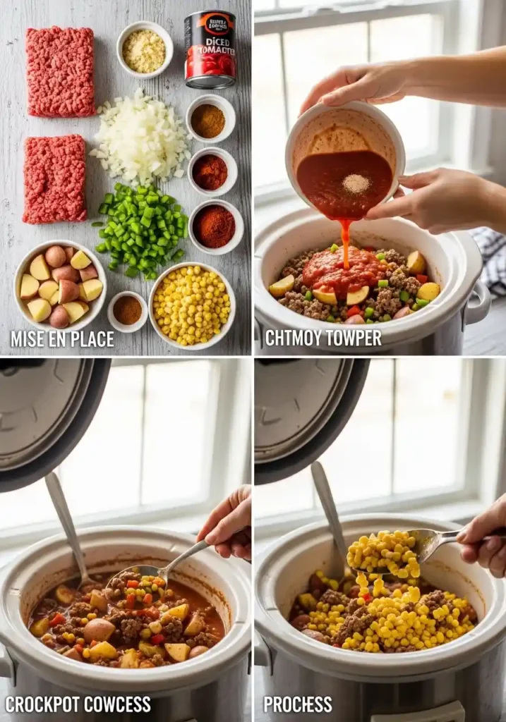 Four-panel process collage showing the steps to make Crockpot Cowboy Casserole. Panel one is a top-down flat lay of raw ingredients: ground beef, onions, bell peppers, potatoes, corn, and spices on a wooden surface. Panel two shows hands pouring a tomato sauce mixture over cooked ground beef and vegetables in a slow cooker. Panel three displays the casserole simmering with the lid ajar in the slow cooker. Panel four features hands garnishing a plated serving of the finished casserole with fresh green onions and sour cream.