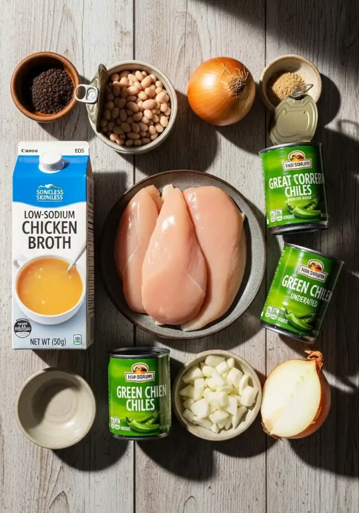 "A perfectly arranged flat lay showcasing the raw key ingredients for Crockpot White Chicken Chili: boneless, skinless chicken breasts, a carton of chicken broth, cans of Great Northern beans, cans of diced green chiles, and a yellow onion, all on a light wooden background."