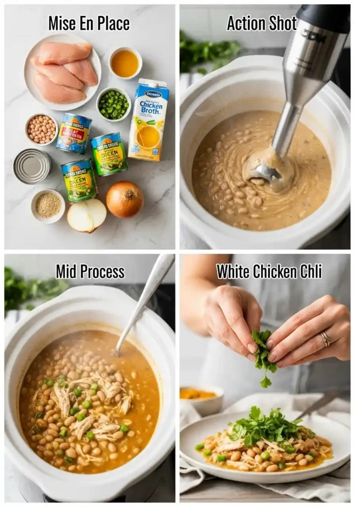 "A four-panel collage illustrating the preparation of Crockpot White Chicken Chili. The first panel displays a flat lay of ingredients like chicken, beans, chiles, onion, and broth. The second panel shows an immersion blender actively puréeing the chili for thickening. The third panel features the creamy white chili simmering in a slow cooker. The fourth panel shows hands garnishing a bowl of the finished chili with fresh cilantro."