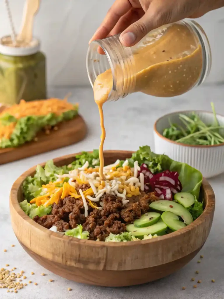 "A close-up action shot of a hand drizzling creamy orange 'Special Sauce' over a vibrant Big Mac Salad in a large rustic wooden bowl, with toasted sesame seeds being sprinkled from the other hand. The salad contains crisp lettuce, seasoned ground beef, chopped pickles, and shredded cheese."