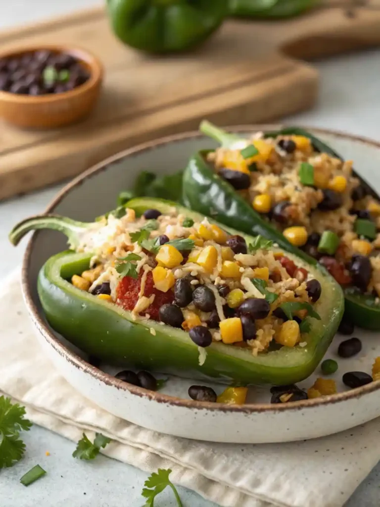 "Two halved poblano peppers generously stuffed with a melted cheese, chicken, black bean, and corn filling, garnished with fresh cilantro, presented in a rustic ceramic baking dish on a light wooden surface."