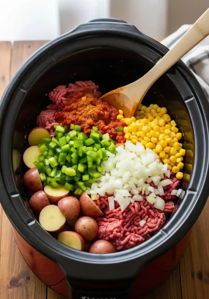 Overhead view of uncooked Crockpot Cowboy Casserole ingredients, including ground beef, red potatoes, bell pepper, onion, and corn, mixed with a tomato sauce in a red oval slow cooker, with a wooden spoon resting on the rim.