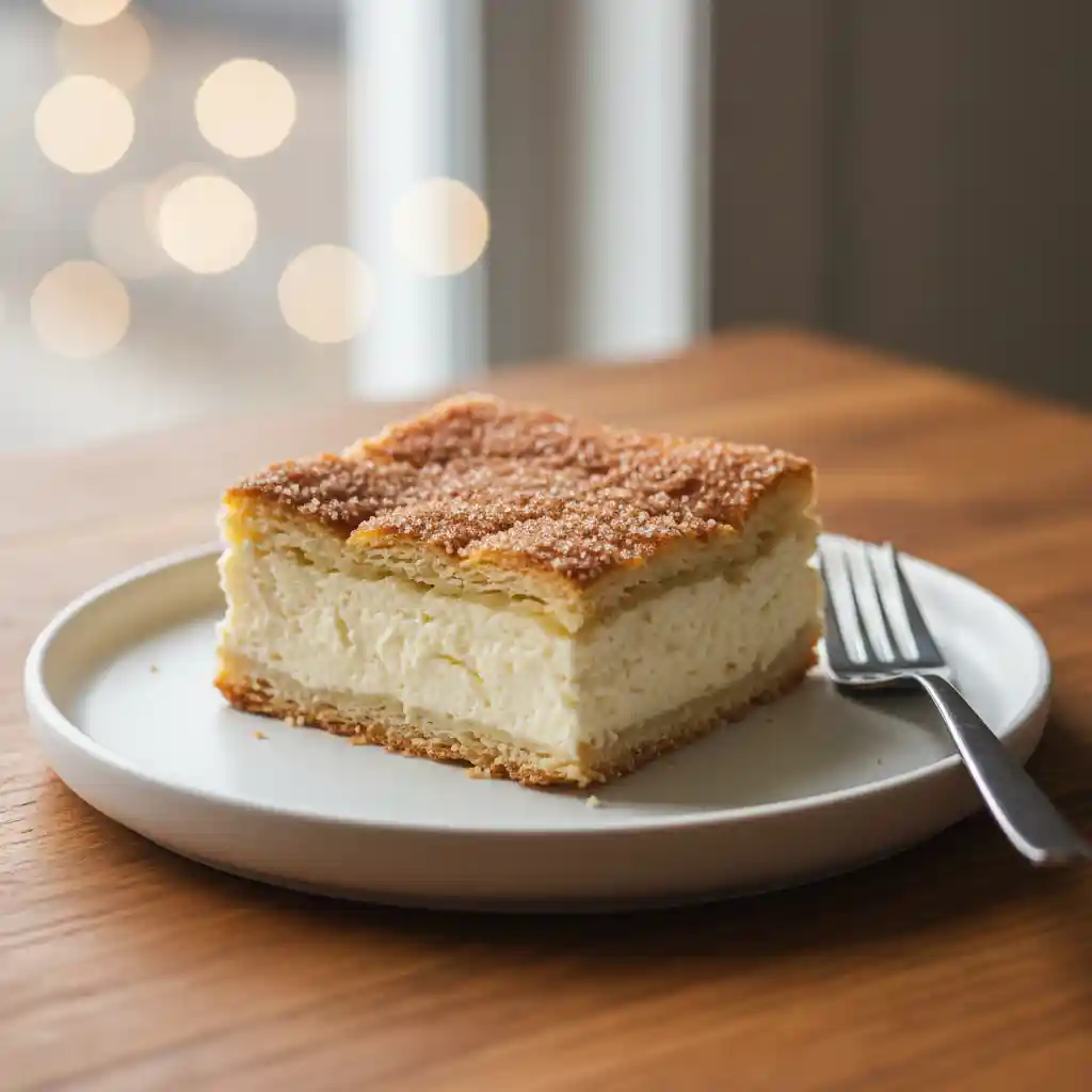 "A golden-brown slice of sopapilla cheesecake, topped with sparkling cinnamon sugar, rests on a white ceramic plate beside a silver fork, showcasing its creamy filling and flaky crust."