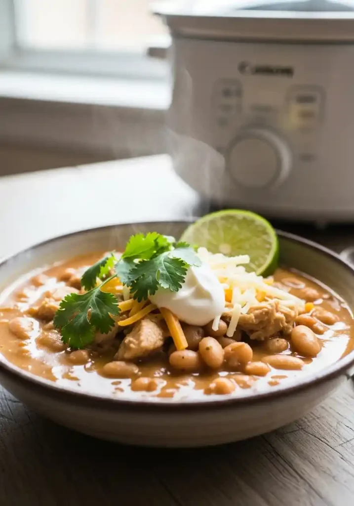 A steaming bowl of Crockpot White Chicken Chili , garnished with fresh cilantro, sour cream, shredded cheese, and a lime wedge, sitting on a rustic wooden table with a blurred slow cooker in the background."