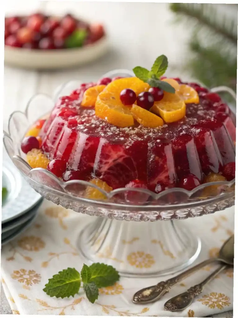 "A vibrant, ruby-red cranberry Jello salad molded in an elegant clear glass serving bowl, garnished with fresh mint and orange zest, set on a festive holiday tablecloth. The gelatin visibly contains whole cranberries and orange segments, highlighting its delicious make-ahead convenience."