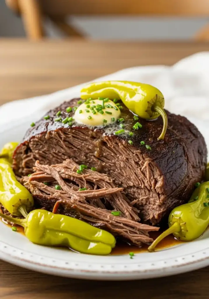 "Close-up of a generous serving of tender, shredded Mississippi Pot Roast with visible pepperoncini peppers and fresh chives on a white ceramic plate on a wooden table."