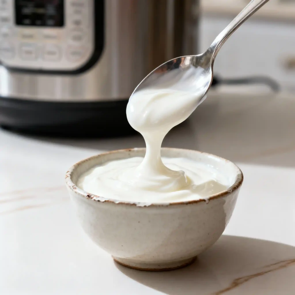 Close-up of a creamy bowl of homemade Instant Pot Yogurt with a spoon dipped into its smooth surface, and an Instant Pot softly blurred in the background.