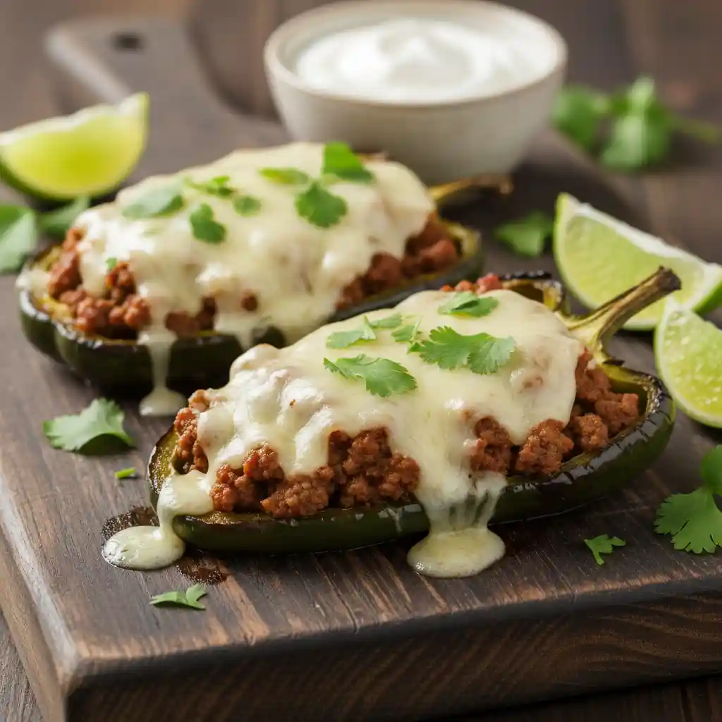 "Two roasted poblano peppers, halved lengthwise and generously filled with seasoned ground beef and melted white cheese, garnished with fresh green cilantro and lime wedges, served on a rustic dark wooden board. A small white bowl of sour cream is in the softly blurred background."