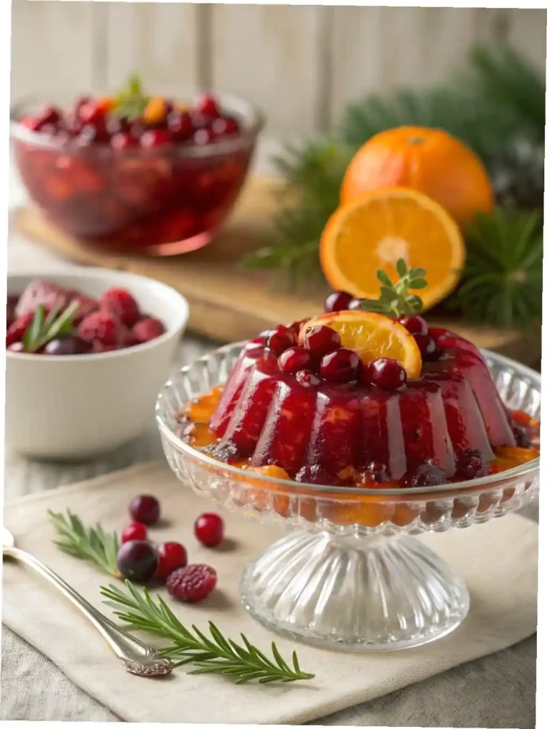 "A vibrant, glistening cranberry jello salad, molded and served in a clear fluted glass bowl, garnished with fresh cranberries, orange zest, and a mint sprig, set on a rustic wooden table with softly blurred holiday decorations in the background."