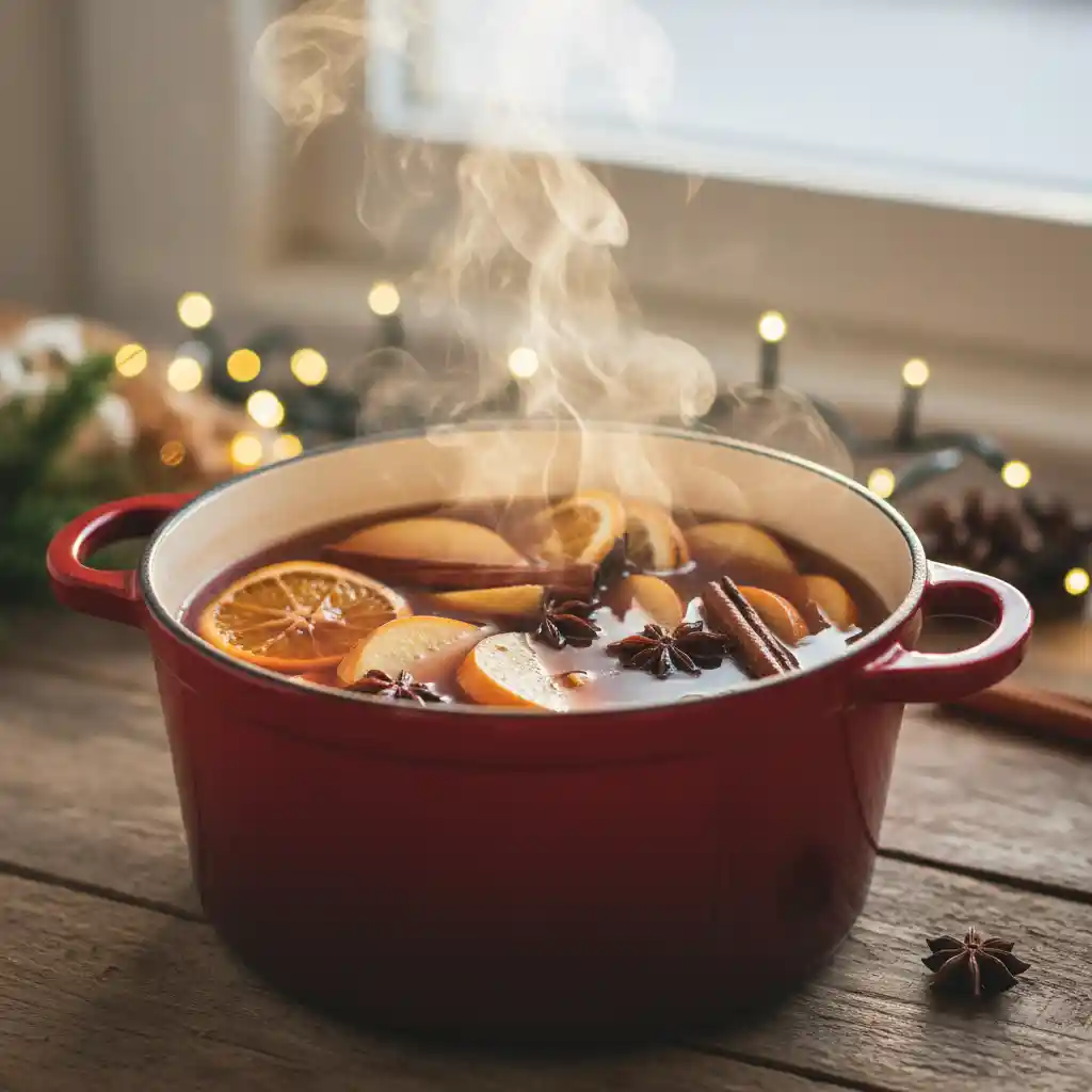 Wassail Recipe A close-up shot of vibrant amber-colored Wassail gently simmering in a deep red cast iron Dutch oven, garnished with whole cinnamon sticks, orange slices, and apple wedges, with soft steam rising.