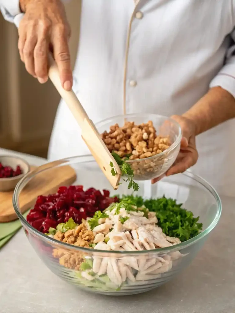 "A close-up of a hand gently folding turkey salad ingredients like shredded turkey, cranberries, and walnuts in a glass mixing bowl with a rubber spatula, coated in a creamy dressing."