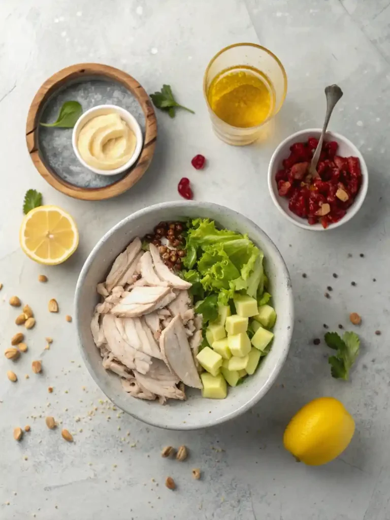 "A flat lay overhead shot of the key ingredients for a deli-style turkey salad, arranged on a light gray surface. The ingredients include shredded cooked turkey breast in a white bowl, mayonnaise in a ramekin, apple cider vinegar in a cruet, Dijon mustard, lemon halves, diced celery, sliced red onion, green onions, dried cranberries, toasted chopped walnuts, fresh parsley, and fresh tarragon sprigs."