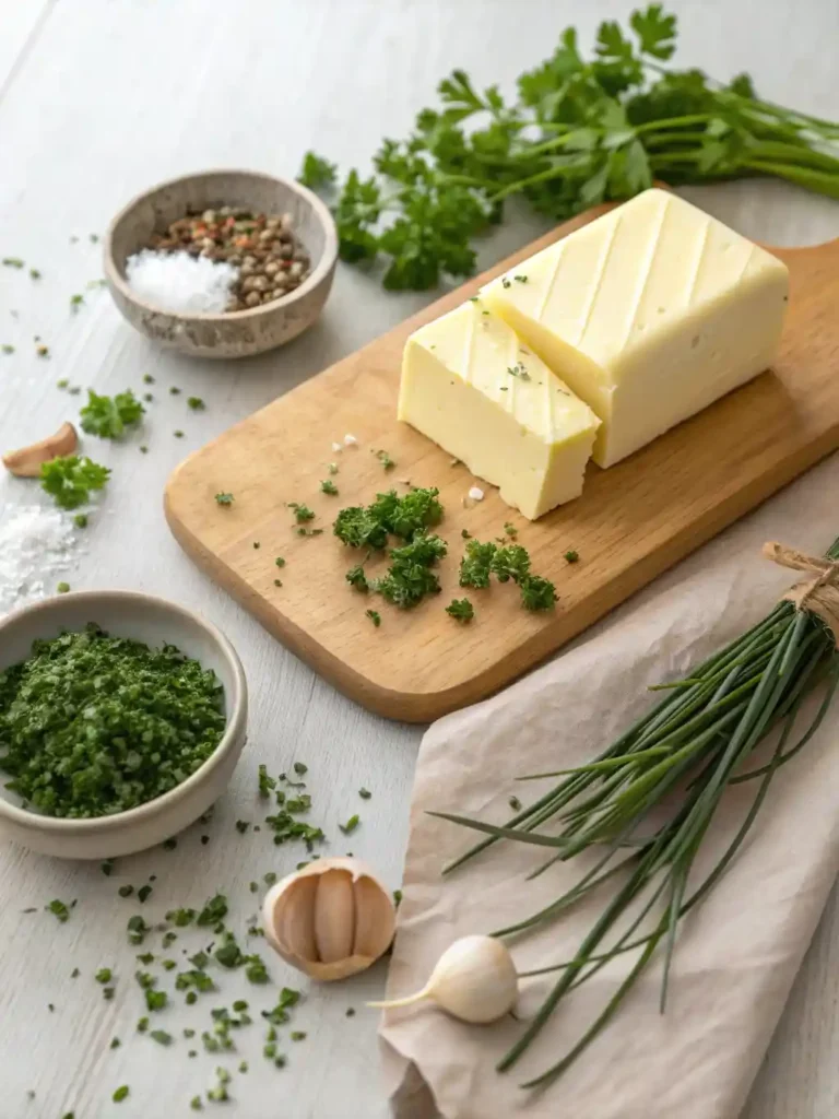 Overhead flat lay of Cowboy Butter ingredients: a block of softened butter, piles of fresh parsley, chives, thyme, and a small bowl of minced garlic, arranged on a light wooden cutting board.