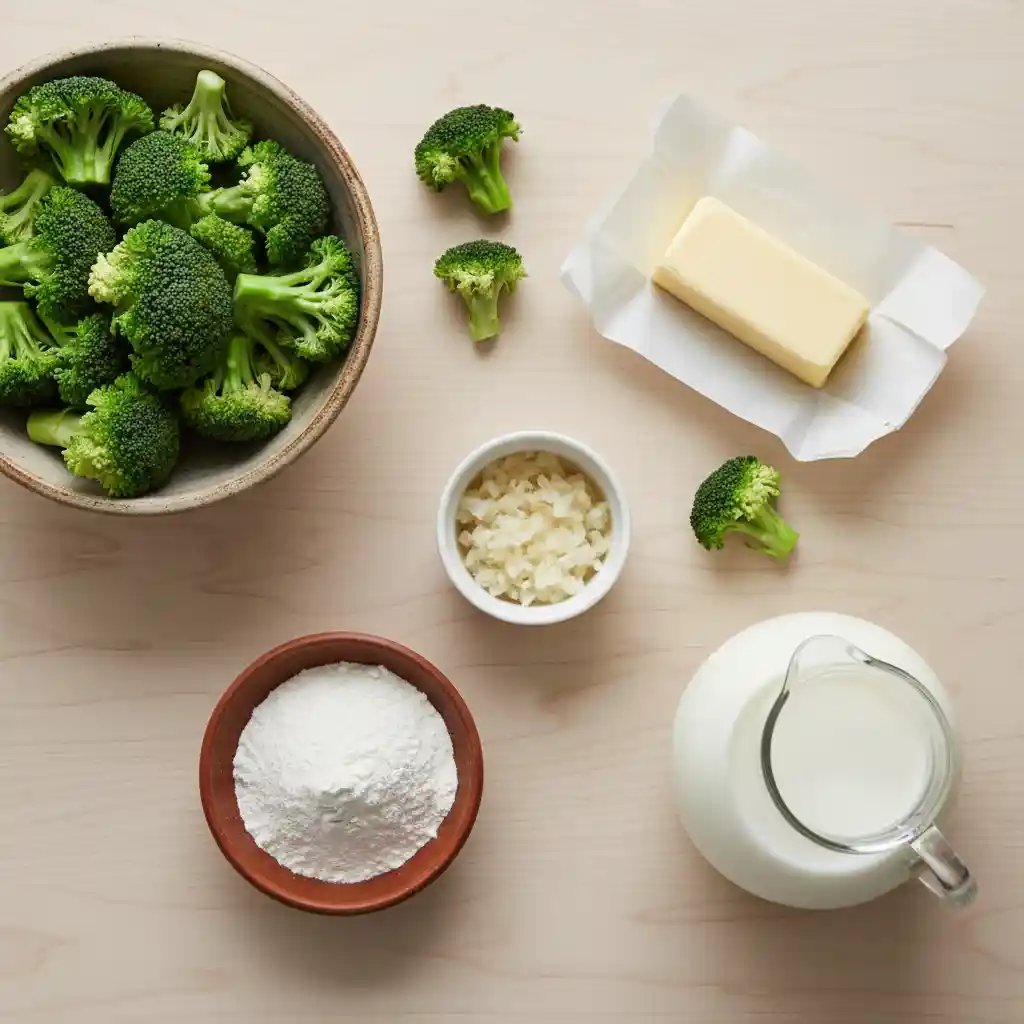 "Overhead flat lay of fresh broccoli florets, a stick of unsalted butter, finely minced shallots in a ramekin, a bowl of all-purpose flour, and a glass carafe of whole milk on a light wooden background."