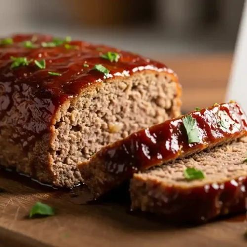 "A perfectly baked and sliced Lipton Onion Soup Meatloaf with a glistening, rich brown glaze, garnished with fresh parsley, presented on a rustic wooden cutting board."