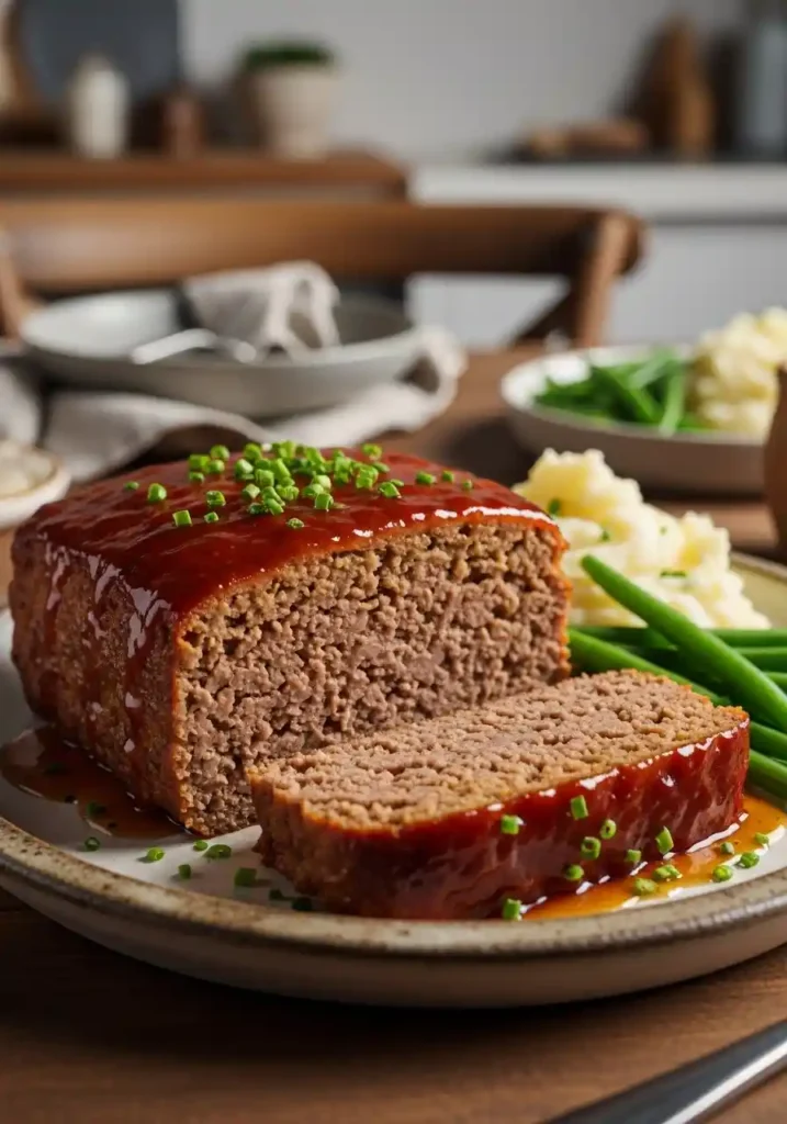"A beautifully plated slice of glazed Lipton Onion Soup Meatloaf, garnished with fresh parsley, served alongside creamy mashed potatoes and vibrant green beans on a rustic ceramic plate set on a wooden table, ready for a comforting meal."