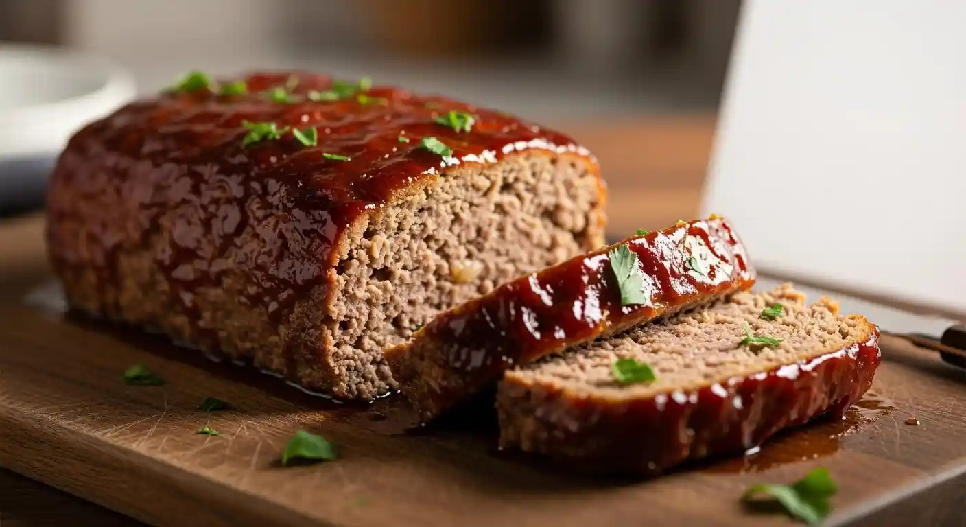 "A perfectly baked and sliced Lipton Onion Soup Meatloaf with a glistening, rich brown glaze, garnished with fresh parsley, presented on a rustic wooden cutting board."