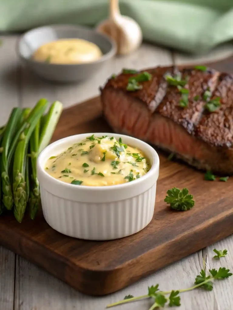 A small white ceramic ramekin holds vibrant, herb-flecked golden Cowboy butter. Beside it, a seared ribeye steak on a dark wooden board is topped with a melting dollop of the butter. Fresh herb sprigs garnish the scene, with grilled asparagus and crusty bread softly blurred in the background.