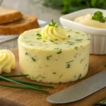A close-up shot of creamy, vibrant green Cowboy Butter, beautifully mixed with fresh parsley, chives, and thyme, served in an elegant off-white ceramic ramekin on a rustic wooden surface, with a small wooden butter knife resting beside it. A blurred slice of bread with butter is visible in the background.