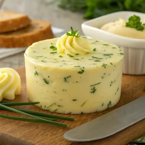 A close-up shot of creamy, vibrant green Cowboy Butter, beautifully mixed with fresh parsley, chives, and thyme, served in an elegant off-white ceramic ramekin on a rustic wooden surface, with a small wooden butter knife resting beside it. A blurred slice of bread with butter is visible in the background.