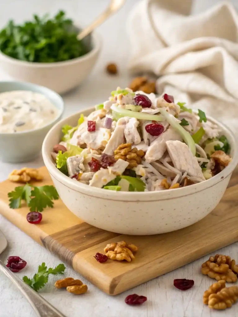 "A close-up shot of a creamy deli-style turkey salad in a rustic ceramic bowl, garnished with fresh parsley and tarragon. Visible ingredients include shredded turkey, dried cranberries, and toasted walnuts, with a vintage silver fork resting alongside."