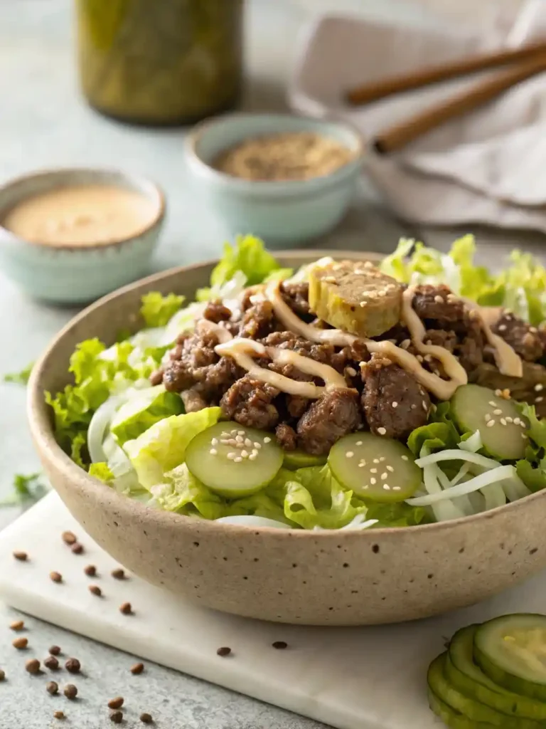"A vibrant and healthy Big Mac Salad in a rustic ceramic bowl, featuring crisp shredded lettuce, seasoned ground beef, dill pickle slices, diced onions, sesame seeds, and a creamy special sauce drizzle. Photographed from an inviting overhead angle on a clean wooden surface."