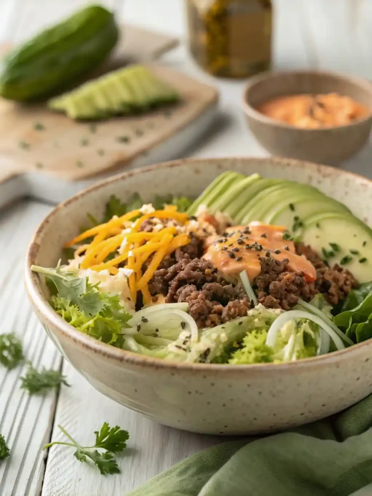 "A large serving bowl filled with a Big Mac Salad, featuring shredded iceberg lettuce, seasoned ground beef, cheddar cheese, diced pickles, and onions, all generously drizzled with a creamy special sauce and sprinkled with toasted sesame seeds, presented on a light wooden surface."