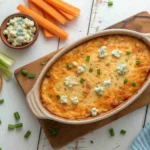 "An overhead view of a freshly baked healthy buffalo chicken dip in a rustic ceramic dish, topped with melted golden-brown sharp cheddar cheese and fresh green chives. Crisp celery and carrot sticks are artfully arranged around the dish on a light wooden background."
