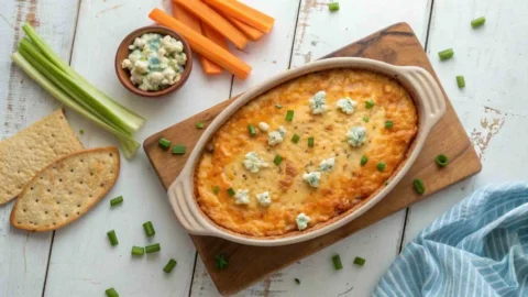 "An overhead view of a freshly baked healthy buffalo chicken dip in a rustic ceramic dish, topped with melted golden-brown sharp cheddar cheese and fresh green chives. Crisp celery and carrot sticks are artfully arranged around the dish on a light wooden background."
