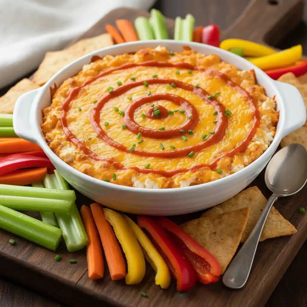 "A creamy, cheesy Healthy Buffalo Chicken Dip, garnished with chives and a swirl of hot sauce, served in a white ceramic bowl on a dark wooden cutting board. It is surrounded by an assortment of fresh dippers including celery sticks, carrot sticks, colorful bell pepper strips, and golden pita chips."