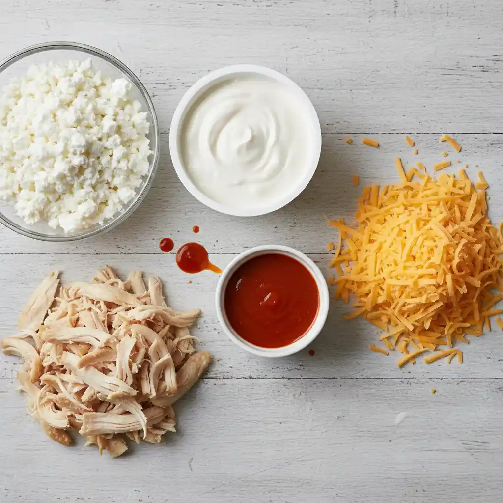 "A flat lay image of fresh ingredients for healthy buffalo chicken dip, including cottage cheese, Greek yogurt, shredded chicken, buffalo hot sauce in a ramekin, and grated cheddar cheese, all arranged on a light wooden surface."
