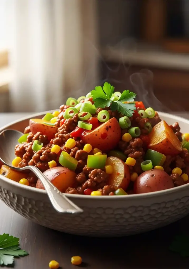 A close-up shot of a rustic ceramic bowl filled with steaming Crockpot Cowboy Casserole, showing ground beef, quartered red potatoes, green bell peppers, corn, and a savory tomato sauce, garnished with fresh green onions and parsley on a dark wooden surface.