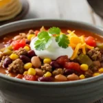 "A close-up, top-down shot of a steaming bowl of vibrant Santa Fe Soup, garnished with fresh cilantro and a dollop of sour cream, on a rustic wooden table. The soup contains ground beef, black beans, pinto beans, kidney beans, corn, and diced tomatoes."
