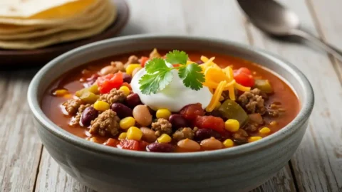 "A close-up, top-down shot of a steaming bowl of vibrant Santa Fe Soup, garnished with fresh cilantro and a dollop of sour cream, on a rustic wooden table. The soup contains ground beef, black beans, pinto beans, kidney beans, corn, and diced tomatoes."