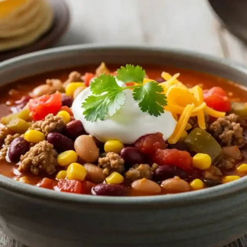 "A close-up, top-down shot of a steaming bowl of vibrant Santa Fe Soup, garnished with fresh cilantro and a dollop of sour cream, on a rustic wooden table. The soup contains ground beef, black beans, pinto beans, kidney beans, corn, and diced tomatoes."
