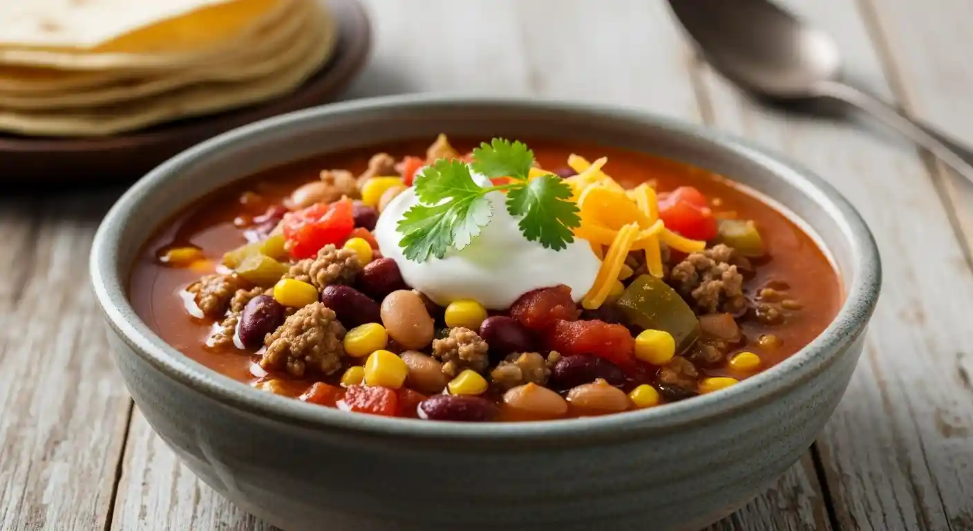 "A close-up, top-down shot of a steaming bowl of vibrant Santa Fe Soup, garnished with fresh cilantro and a dollop of sour cream, on a rustic wooden table. The soup contains ground beef, black beans, pinto beans, kidney beans, corn, and diced tomatoes."