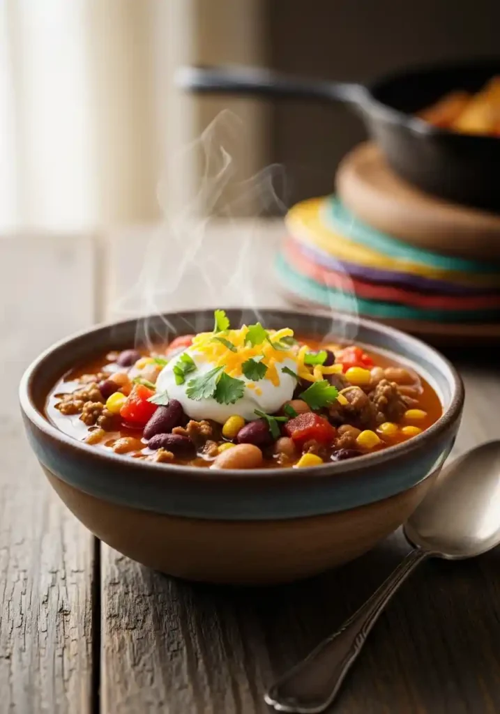 "A steaming, rustic ceramic bowl filled with hearty Santa Fe Soup, garnished with a dollop of sour cream, fresh cilantro, and shredded cheddar cheese, set on a distressed wooden table with a silver spoon. The soup is rich with ground beef, beans, corn, and tomatoes."