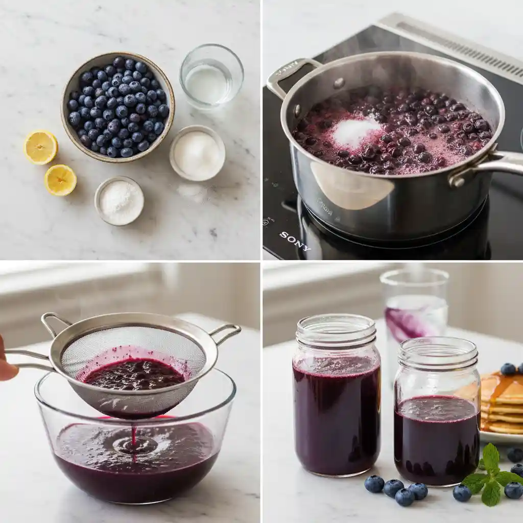 "A four-panel instructional image collage demonstrating the process of making homemade blueberry syrup. Panel 1 shows all ingredients: fresh blueberries, sugar, water, lemon, and cornstarch, neatly arranged. Panel 2 depicts blueberries, sugar, and water simmering in a stainless steel saucepan on a stove. Panel 3 captures the cooked mixture being strained through a fine-mesh sieve into a glass bowl. Panel 4 presents two small, clear bottles, one filled with thick blueberry syrup and one with thin, garnished with fresh blueberries and mint, hinting at their versatility."