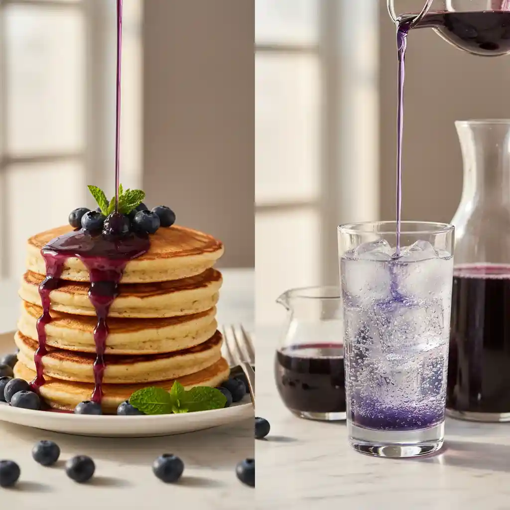 "A split image showing the versatility of homemade blueberry syrup. On the left, thick blueberry syrup generously drizzles over fluffy pancakes with fresh blueberries. On the right, thin blueberry syrup pours into a glass of sparkling water, creating vibrant swirls."