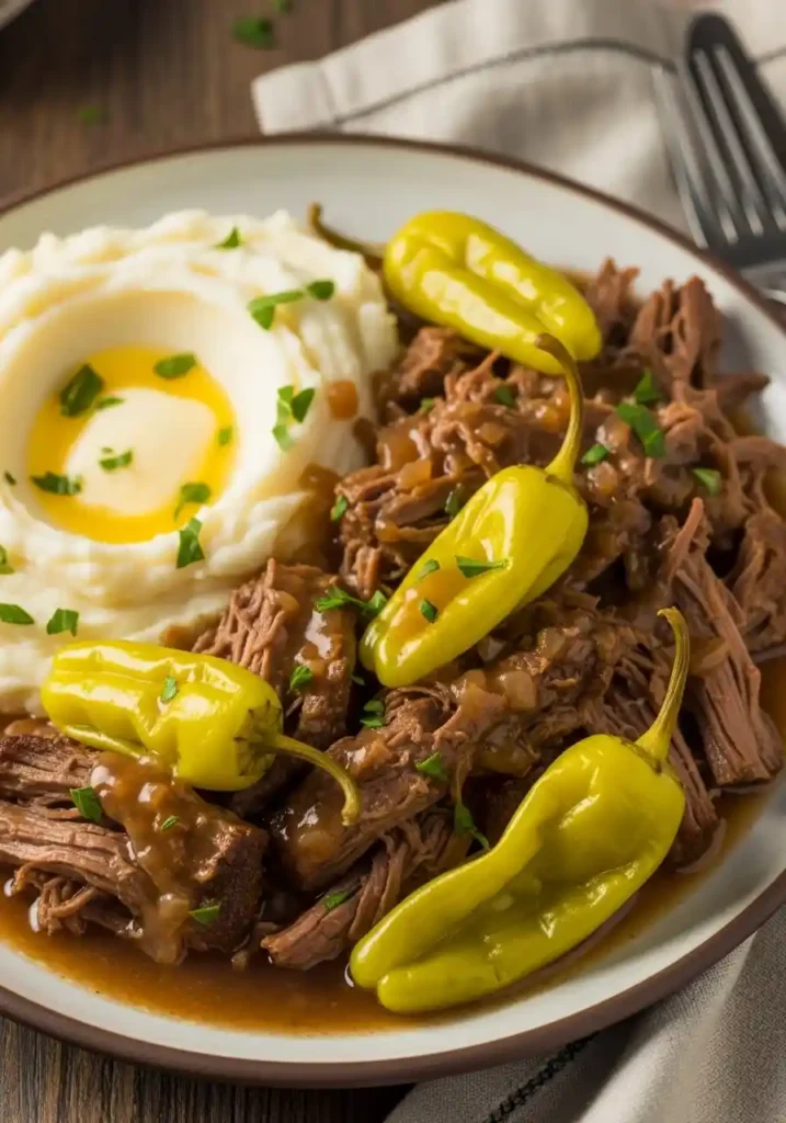 "A close-up of a rustic ceramic plate featuring a generous serving of shredded Mississippi Pot Roast with rich brown gravy and whole pepperoncini peppers, served alongside creamy mashed potatoes, garnished with fresh parsley on a dark wooden table."