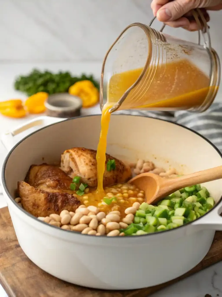 A close-up shot of a hand pouring golden chicken broth into a white enameled Dutch oven containing browned chicken pieces, Great Northern beans, cannellini beans, and diced poblano peppers, while a wooden spoon scrapes the bottom of the pot on a stovetop.