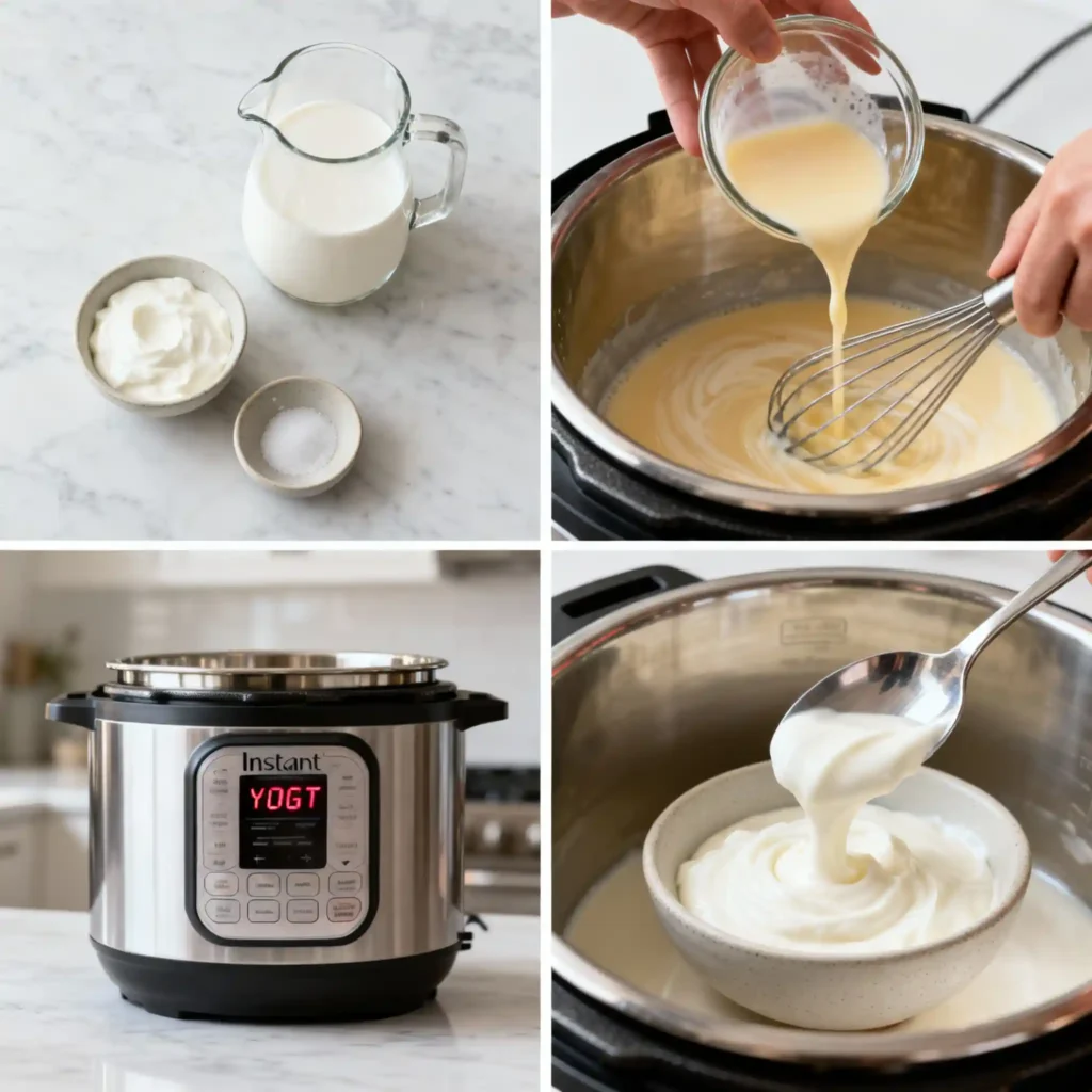 "A four-panel process collage showing the steps for making Instant Pot yogurt. Panel 1: Top-down view of ingredients (milk and starter yogurt) on a marble counter. Panel 2: Close-up of hands pouring whisked starter into warm milk in the Instant Pot liner. Panel 3: Instant Pot displaying 'YOGT' on its screen during incubation. Panel 4: A ladle scooping thick, creamy homemade yogurt from the Instant Pot into a serving bowl."