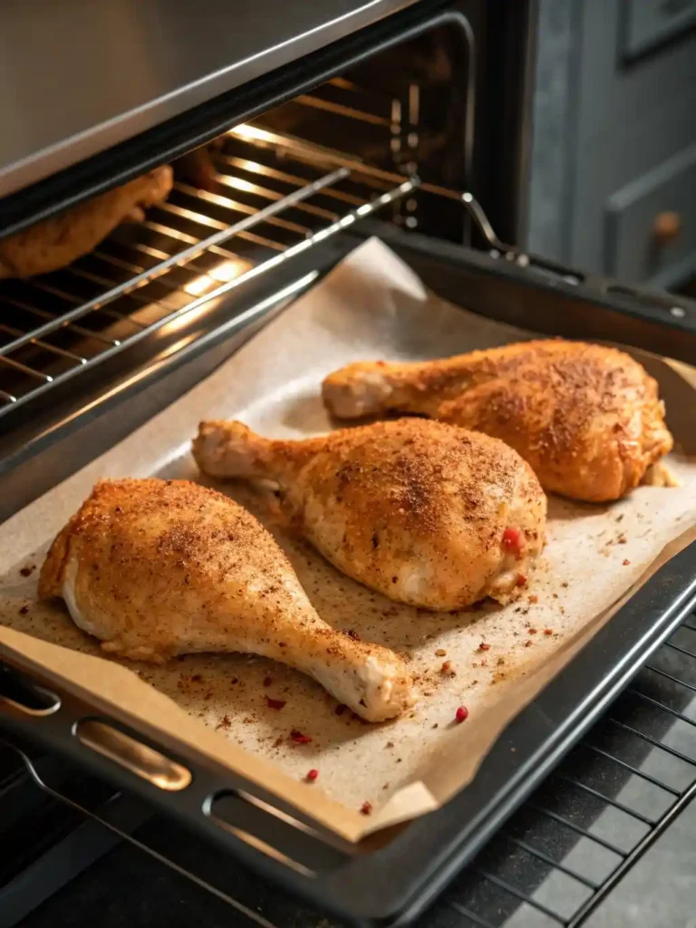 "A close-up, action shot of seasoned chicken leg quarters on a baking sheet being carefully slid into a glowing, preheated oven."